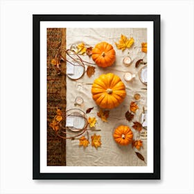 Autumn Themed Dinner Table Centerpiece Of Intertwined Golden Orange Pumpkin Vines Scattered Leaves (5) Art Print