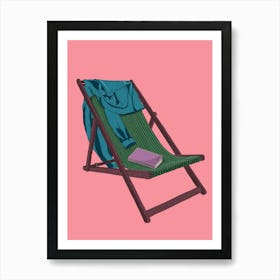 My Pink Happy Place Lazy Summer Beach Chair with a blue shirt and a book Art Print