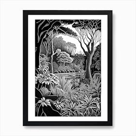 The Royal Botanic Garden, Cranbourne, Australia Linocut Black And White Vintage Art Print