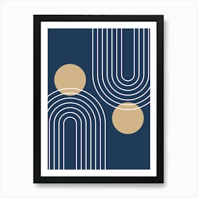 Mid Century Modern Geometric In Navy Blue And Tan (Rainbow And Sun Abstract) 01 Art Print