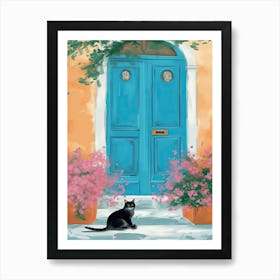 Black Grey Cat Mediterranean Blue Door Art Print