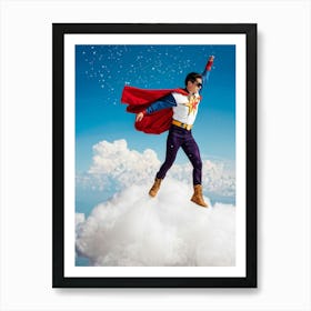 1980s Style Superhero Clad In Vintage Pilot Attire Soaring Above Cloud Banks Cotton White Cumulo (1) Art Print