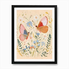 Folksy Floral Animal Drawing Butterfly Art Print
