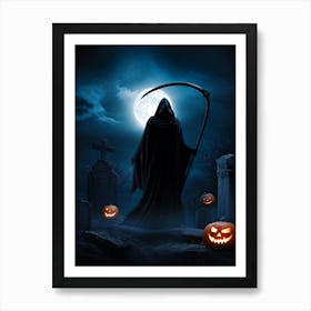 Sinister Reaper Silhouetted Against A Full Moon On Halloween Night Draped In A Tattered Black Cloak (3) Art Print