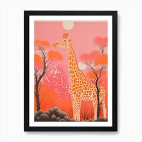 Giraffe Exploring The Nature Orange & Pink 1 Art Print