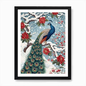 Peacock Snow Scene Vintage 2 Art Print