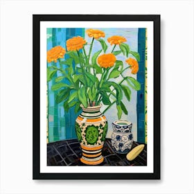 Flowers In A Vase Still Life Painting Marigold 2 Art Print