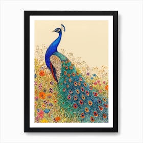 Pencil Crayon Peacock In The Meadow Art Print