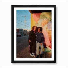 Best Friends Embracing Capturing An Intimate Candid Moment Smiles Creasing Their Faces One Drape 2 1 Art Print