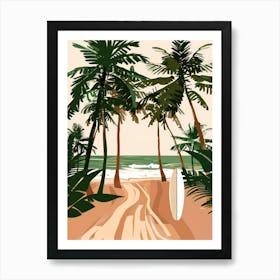 Beach With Palm Trees And Surfboard Art Print