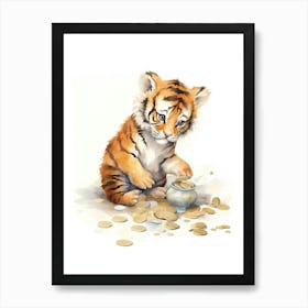 Tiger Illustration Collecting Coins Watercolour 4 Art Print