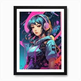 Anime Girl With Headphones Art Print