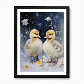 Snowy Winter Ducklings Floral Painting 4 Art Print