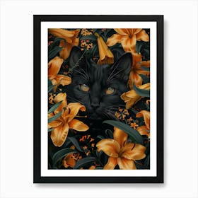 Black Cat In Lilies 1 Art Print