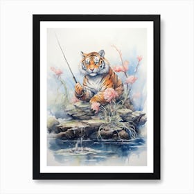 Tiger Illustration Fishing Watercolour 4 Art Print
