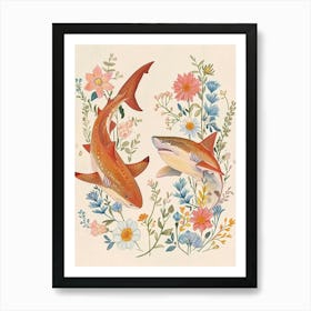 Folksy Floral Animal Drawing Shark 3 Art Print