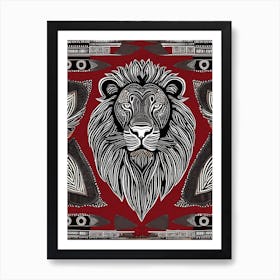 African Quilting Inspired Art of Lion Folk Art, Poetic Red, Black and white Art, 1216 Art Print