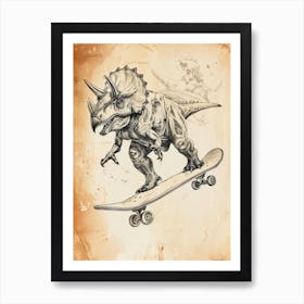 Vintage Triceratops Dinosaur On A Skateboard  2 Art Print