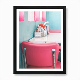 Route 66, USA I Interior of an American diner 50s retro vintage with pastel pink and blue aesthetic in the American countryside in Arizona or California captured as a lifestyle moment photography at the table Art Print