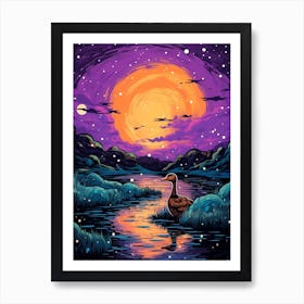 Duck In The Water At Night Art Print