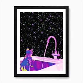 Cat In The Kitchen Sink Looking At The Universe Glitter Art Print