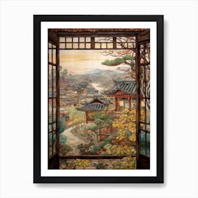Window View Of Seoul South Korea In The Style Of William Morris 3 Art Print