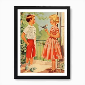 Vintage Retro Kids With Bird Illustration Kitsch 4 Art Print