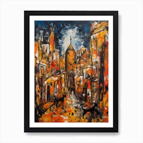 Painting Of A Marrakech With A Cat In The Style Of Abstract Expressionism, Pollock Style 2 Art Print