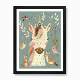 Storybook Style Unicorn With Woodland Creatures 2 Art Print