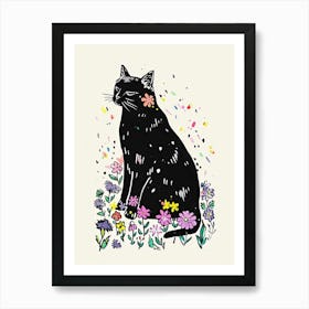 Cute Black Cat With Flowers Illustration 8 Art Print
