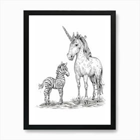 A Unicorn & Zebra Black And White 2 Art Print