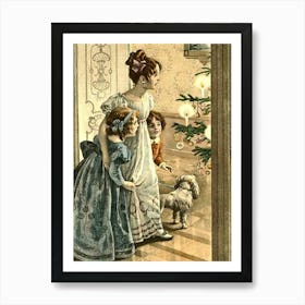 Mother With Two Kids, Victorian Vintage Holiday Poster Art Print