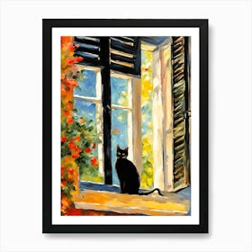 Black Cat by an Open Window in Summer, Riviera Impressionism Painting Art Print