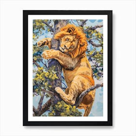 Southwest African Lion Climbing A Tree Fauvist Painting 1 Art Print