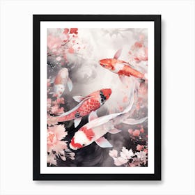 Red Koi Fish Watercolour With Botanicals 2 Art Print