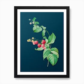 Vintage Red Berries Botanical Art on Teal Blue n.0313 Art Print