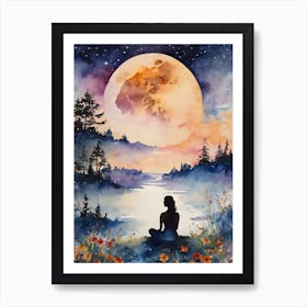 Meditating Woman In The Moonlight - Full Moon Contemplating Serenity Calm Yoga Meditation Spiritual Grounding Heart Open Buddhist Indian Travel Guidance Wisdom Peace Love Witchy Beautiful Watercolor Woman Trees Blue Silhouette Art Print