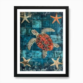 Sea Turtle & Star Fish Textured Collage 3 Art Print