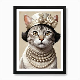 Cat In Pearls 2 Art Print