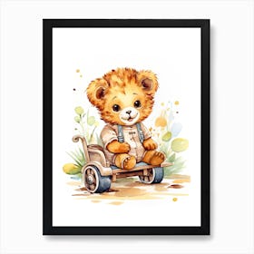 Baby Lion On A Toy Car, Watercolour Nursery 0 Art Print
