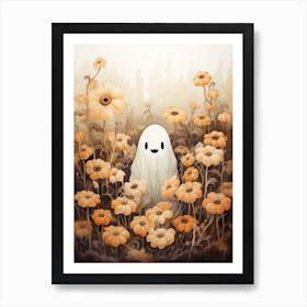 Cute Bedsheet Ghost, Botanical Halloween Watercolour 3 Art Print