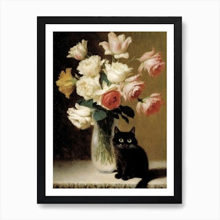 Henri Fantin Latour  Inspired Roses And Lilies And Black Cat 2 Art Print