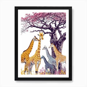 Giraffe Herd Under The Tree Watercolour 4 Art Print