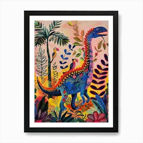 Colourful Blue Dinosaur With Parrots Art Print