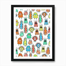 Happy Funky Monsters and Aliens Rainbow on White Kids Art Print