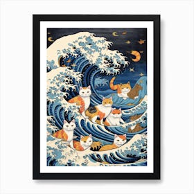 The Great Wave Off Kanagawa Ginger Cats Kitsch 2 Art Print