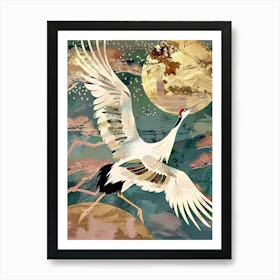 White Cranes Painting Gold Blue Effect Collage 3 Art Print