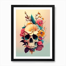 Skull With Tattoo Style Artwork 3 Primary Colours Vintage Floral Art Print