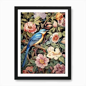 Blue Bird With Flowers Art Print