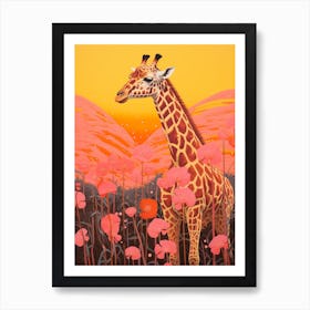 Giraffe With The Flowers Mustard Sky Art Print